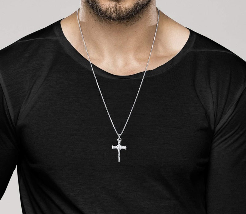Miabella Italian Rope Wrap Nail Cross Pendant Necklace Box Chain, Rhodium or 18K Yellow Gold Plated 925 Sterling Silver Made in Italy (Length 26 Inches, Rhodium-Plated-Silver) - Image 4